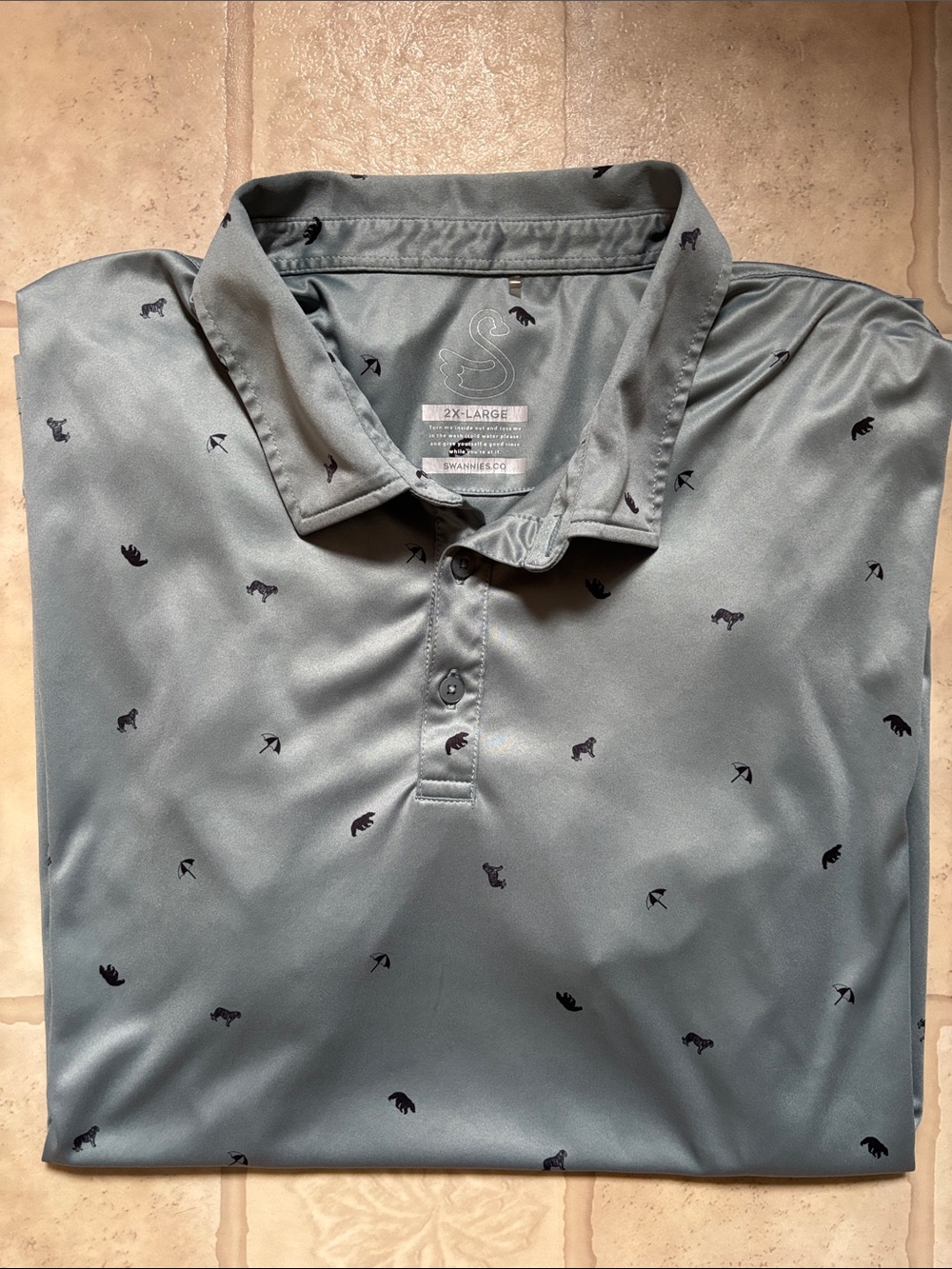 Swannies Golf Polo Shirt Mens 2XL Grayish Green Umbrella Tiger Bear Performance